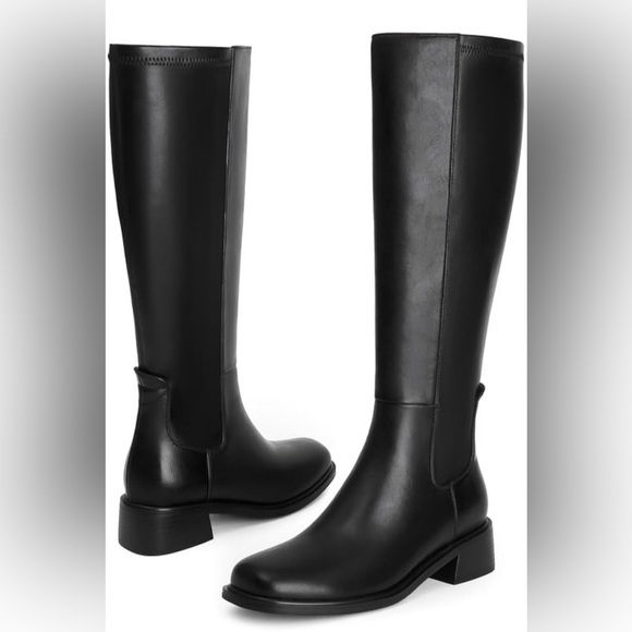 Knee High Faux Leather Elastic Low Heel Square Toe Side Zipper Tall Boots Size 9 - Picture 4 of 9